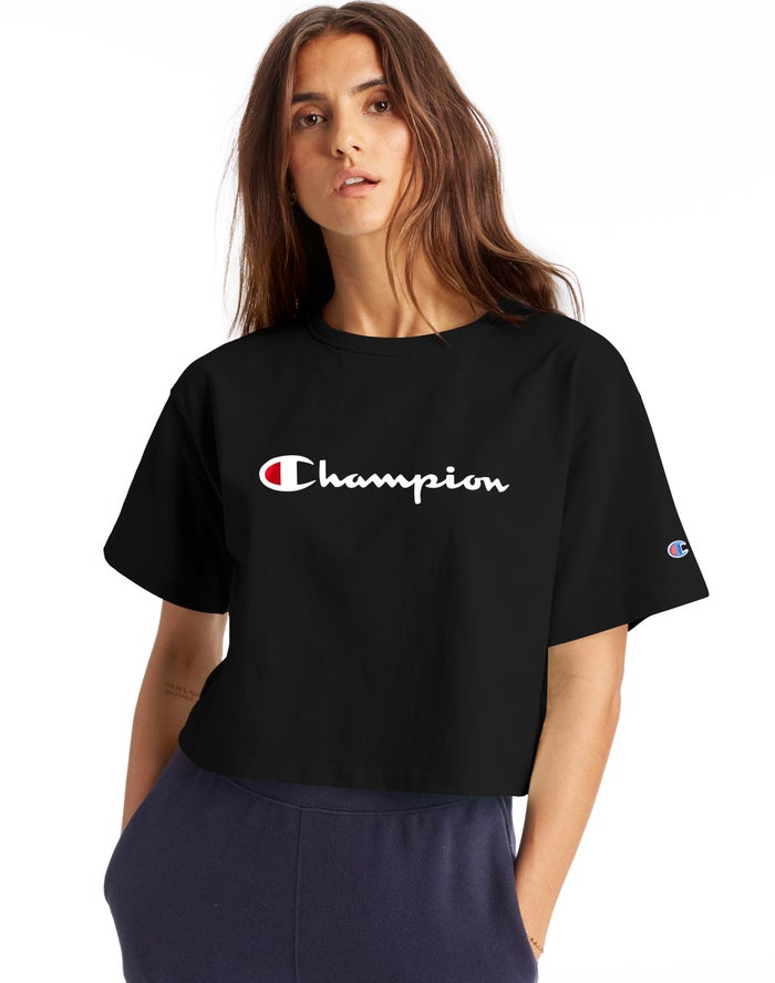 Champion Heritage Cropped Script Logo T-Shirt Dames - Zwart - Belgie 1487NAZVO